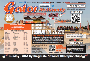 A flyer for the USA BMX 2016 Gator Nationals event at the Oldsmar BMX Supercross track.