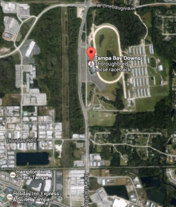 This Google Maps screenshot shows the area of a potential Rays stadium in Oldsmar, to left of the Tampa Bay Downs racetrack.