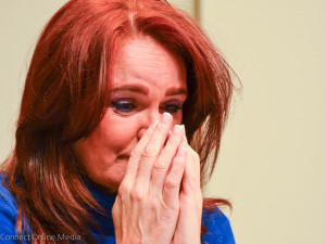 Linda Norris gets emotional after her fellow Oldsmar City Council members bid her a fond farewell last Tuesday. Norris terms out of office this month following six years on the council.