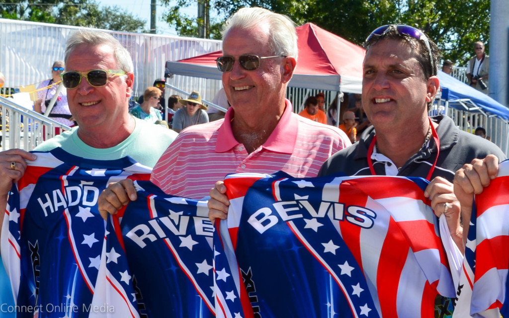 Oldsmar City Manager Bruce Haddock (l), Leisure Services Director Lynn Rives (c) and Mayor Doug Bevis pose at the USA BMX Gator Nationals event in February 2016.