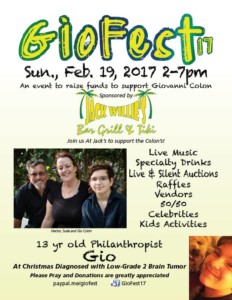 Giofest17, a fundraiser for Hector and Suda Colon's son, Gio, is this Sunday, Feb. 19 from 2-7 PM at Jack Willies in Oldsmar.