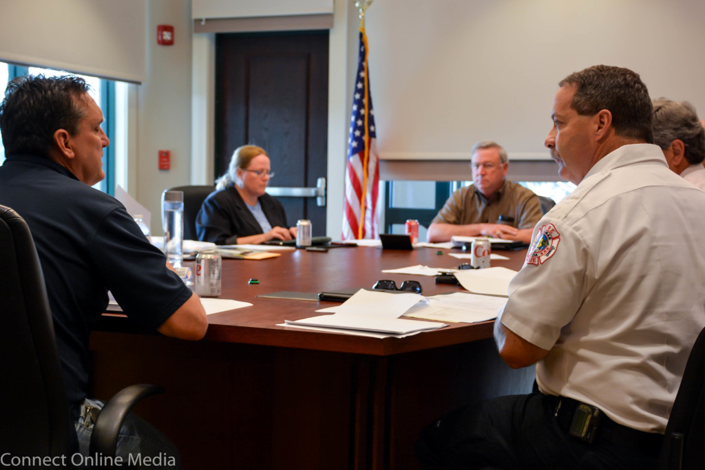Oldsmar officials, including Mayor Doug Bevis (left) and Fire Chief Dean O'Nale (right) talk about the succession plan for City Manager Bruce haddock (center) during an informal work session on Tuesday, Feb. 14, 2017.