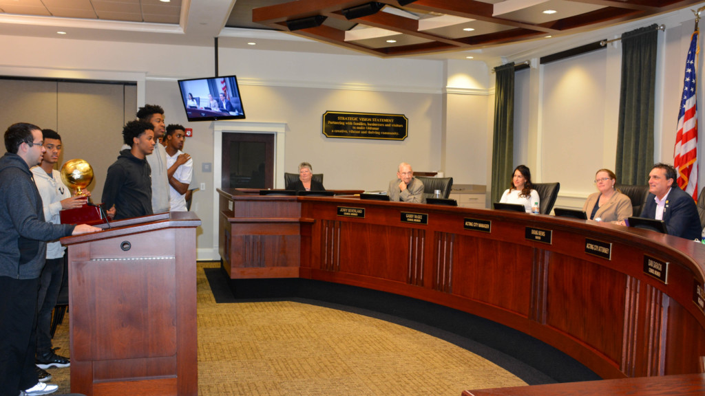 The Oldsmar Christian boys varsity basketball team was honored by the City Council on Mar. 6, 2017 after winning the SIAA state basketball championship earlier this month.