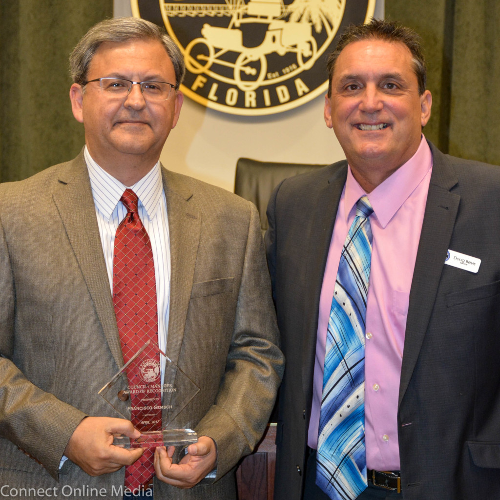Tampa architect Francisco Semsch (l) accepted the Oldsmar Council-Manager award from Mayor Doug Bevis on Tuesday, April 18, 2017.