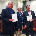 Frank Edmunds is flanked by Oldsmar City Manager Bruce Haddock (L) and Mayor Doug Bevis (R).