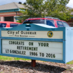 The marquee outside Oldsmar Fire Rescue station 52 honors retiring Lt. Aaron Gonzalez.