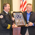 Oldsmar Fire Chief Dean O'Nale poses with Army veteran Mark Lynn on Tuesday, Nov. 1, 2016.